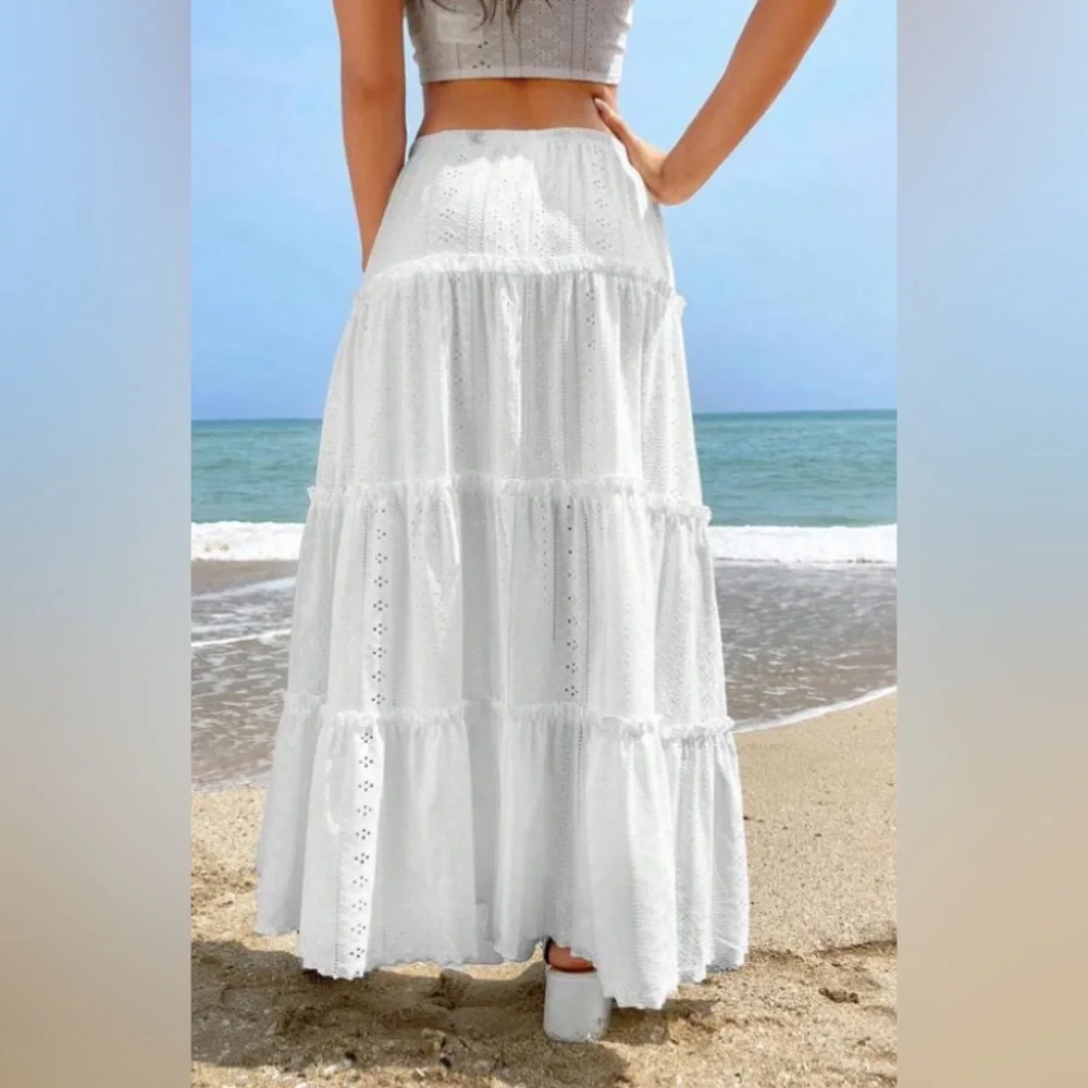 Tiered eyelet lace white maxi skirt boho gypsy